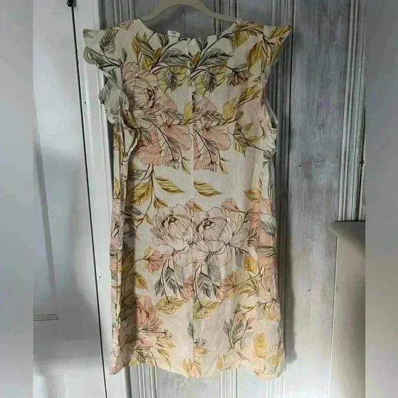 NICOLE MILLER butter yellow petal pink Floral 100% Linen dress flutter sleeve S - Picture 5 of 8